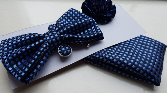 Navy Blue Checkered Bowtie Set