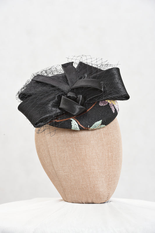 Black Embroidered with Bow Fascinator