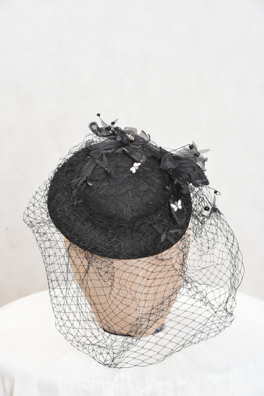 Black lace with long net Fascinator