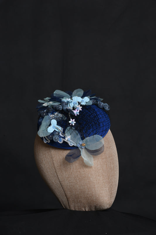 Blue Velvet with light blue flowers Fascinator